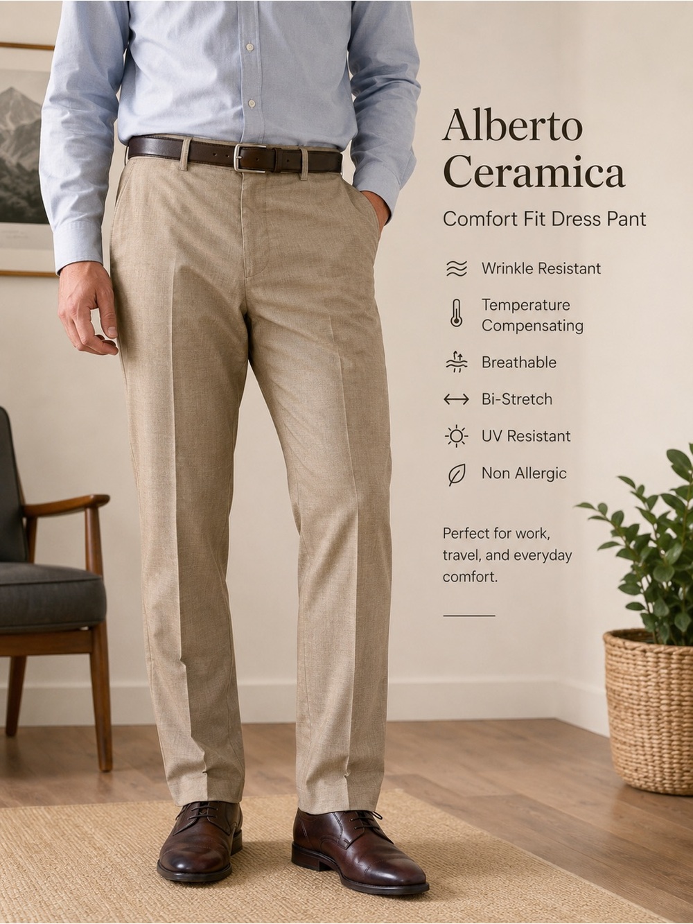 Alberto Ceramica Dress Pants Men 38x31 Tan Stretch Travel Pants